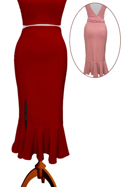 Reversible Reversible Likralı Tango Eteği – Çift Taraflı Esnek Dans Eteği Kırmızı - Pudra