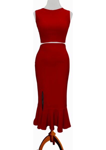 Reversible Reversible Likralı Tango Eteği – Çift Taraflı Esnek Dans Eteği Kırmızı - Pudra