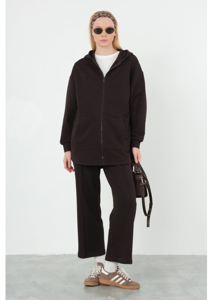 Etek Ucu Oval Sweatshirt Üç Iplik Koyu Kahve