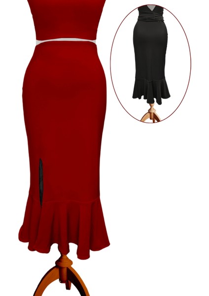 Reversible Reversible Likralı Tango Eteği – Çift Taraflı Esnek Dans Eteği Kırmızı - Siyah
