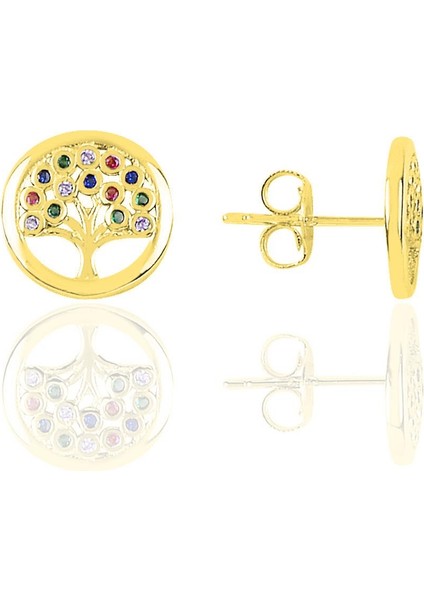 Gümüş Altın Yaldızlı Renkli Taşlı Hayat Ağaçı Modeli Küpe SGTL10786GOLD