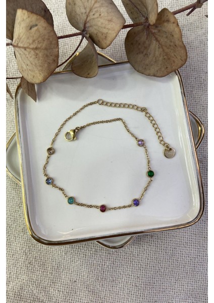 Çelik Ince Zincirde Renkli Taşlı Halhal 20+5cm
