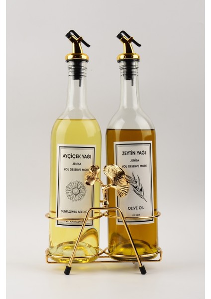 Altın Standlı Ginkgo Figürlü 750ML Şeffaf Şişe Altın Akıtıcılı Etiketli Yağlık Yağdanlık