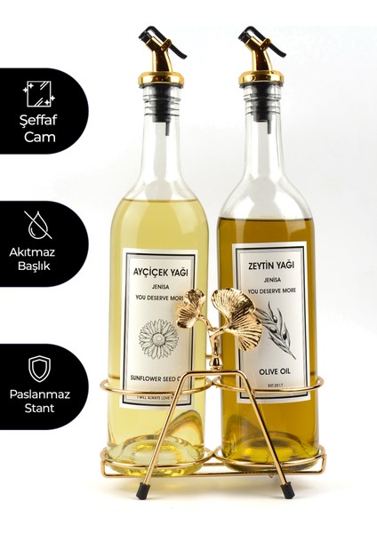 Altın Standlı Ginkgo Figürlü 750ML Şeffaf Şişe Altın Akıtıcılı Etiketli Yağlık Yağdanlık fiyatları