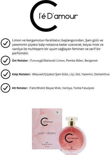 Cle D'amour Kadın Jel Parfüm 15 ml - Sweet Dreams (ÇİÇEKSİ) Natural Women - Vegan fiyatları