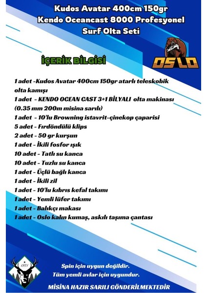 Avatar 400CM 150GR Kendo Oceancast 8000 Tam Takım Surf Olta Seti