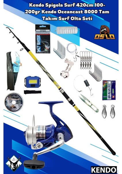 Kendo Spigola Surf 420CM 100-200GR Kendo Oceancast 8000 Tam Takım Surf Olta Seti