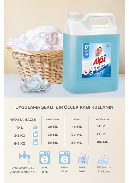 White Yıkama Jel Deterjan Beyaz Giysiler İçin 167 Yıkama 5 lt