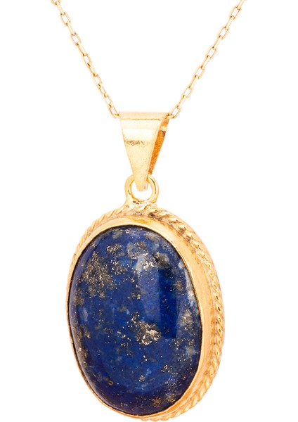 Lapis Taşlı Altın Kaplama Bayan Gümüş Oval Kolye