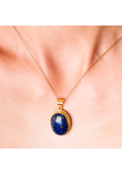 Lapis Taşlı Altın Kaplama Bayan Gümüş Oval Kolye modelleri