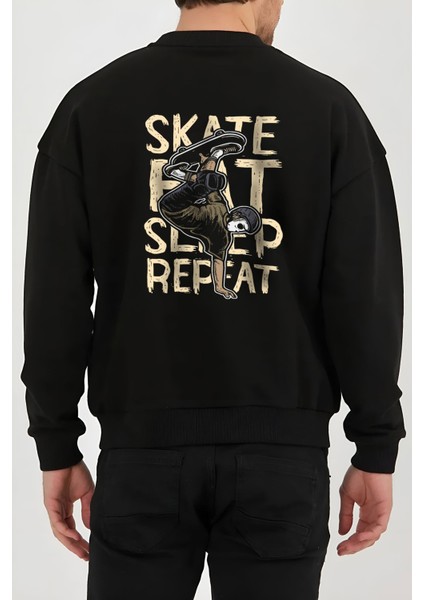 Kaykay Baskılı Siyah Kadın Erkek Pamuklu Sweatshirt Cu114