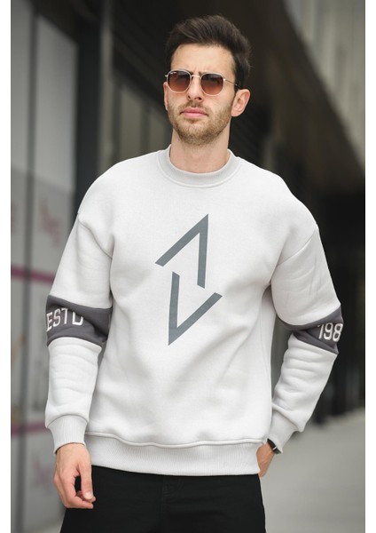 Estd Üç Iplik Şardonlu Kol Nakışlı Önü Baskılı Bisiklet Yaka Erkek Sweatshirt