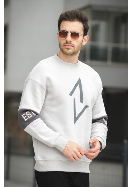 Estd Üç Iplik Şardonlu Kol Nakışlı Önü Baskılı Bisiklet Yaka Erkek Sweatshirt