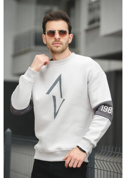 Estd Üç Iplik Şardonlu Kol Nakışlı Önü Baskılı Bisiklet Yaka Erkek Sweatshirt