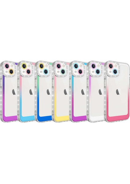 Apple iPhone 14 Plus Uyumlu Simli ve Renk Geçiş Tasarımlı Lens Korumalı Zore Park Kapak-Pembe-Mavi