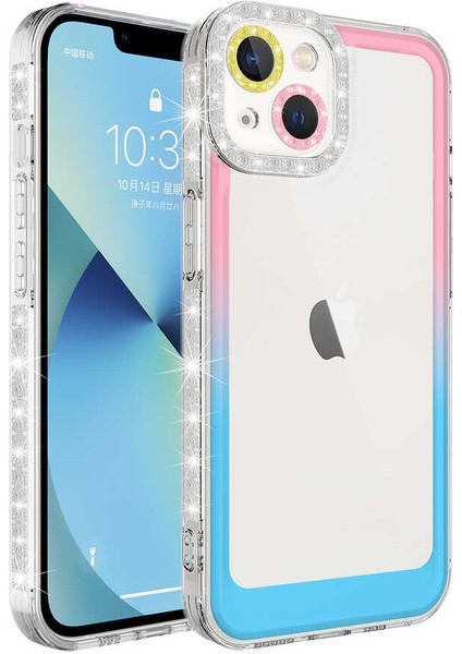 Apple iPhone 14 Plus Uyumlu Simli ve Renk Geçiş Tasarımlı Lens Korumalı Zore Park Kapak-Pembe-Mavi