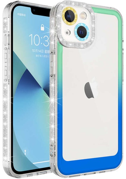Apple iPhone 14 Plus Uyumlu Simli ve Renk Geçiş Tasarımlı Lens Korumalı Zore Park Kapak-Pembe-Mavi