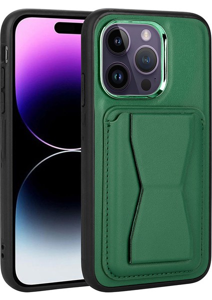 Apple iPhone 14 Pro Max Kılıf Kartlıklı Standlı ​pu Deri Zore Memo Kapak-Koyu Yeşil
