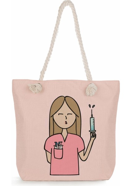 Karikatür Kadın Hemşire Baskı Yüksek Kapasiteli Kadın Seyahat Plaj Çanta (Yurt Dışından)