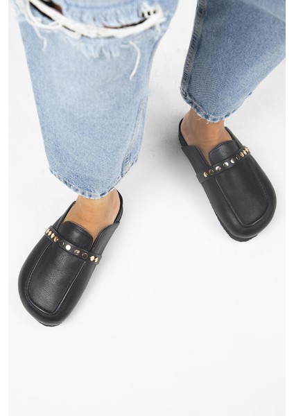 Bonita 2 Kadın Hakiki Deri Troklu Sabo Siyah Terlik