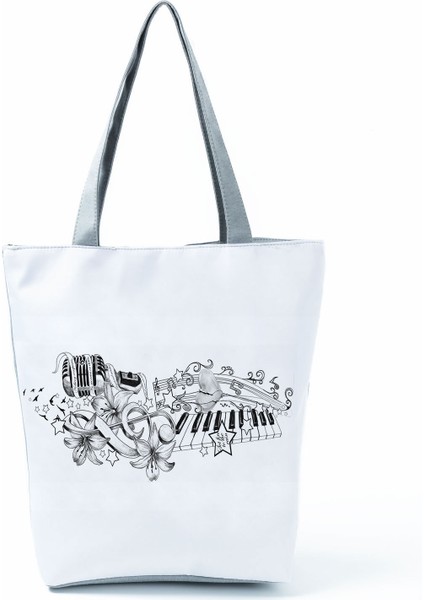 Müzik Sembolü Baskılı Omuz Piyano Debriyaj Taşınabilir Büyük Kapasiteli Tote Çanta (Yurt Dışından)