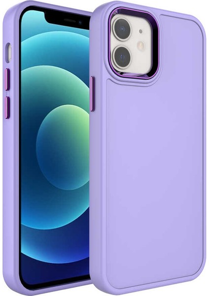 Apple iPhone 12 Kılıf Metal Çerçeve ve Buton Tasarımlı Sert Zore Botox Kapak-Lila