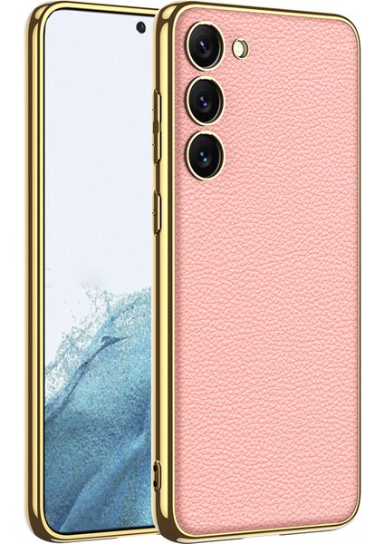 Galaxy S23 Kılıf Deri Görünümlü Kenarları Elektroplating Kaplama Zore Fizyon Kapak-Pembe
