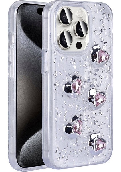 Apple iPhone 15 Pro Max Kılıf Airbagli Simli Arka Yüzey Zore Işıltı Silikon Kapak-Beyaz-Kalp