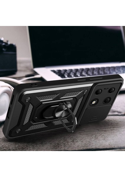 Xiaomi Redmi Note 13 Pro 4g Kılıf Magnetik Standlı Kamera Korumalı Zore Sürgülü Vega Kapak-Siyah modelleri