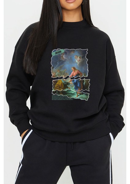 Jesus Sanatsal Baskılı Siyah Kadın Erkek Pamuklu Sweatshirt Cu17