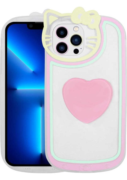 Apple iPhone 13 Pro Max Kılıf Kedi Figürlü Transparan Pop Soketli Zore Ritmik Kapak-Pembe