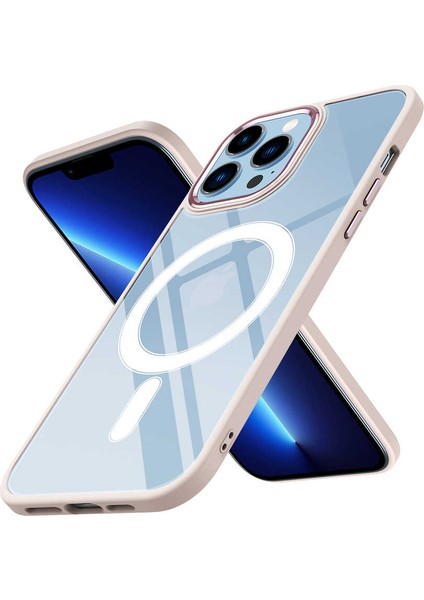 Apple iPhone 12 Pro Uyumlu Wireless Şarj Özellikli Zore Krom Magsafe Silikon Kapak-Pembe Açık