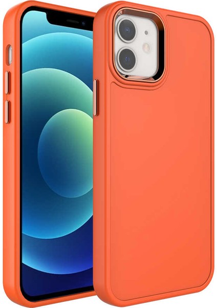 Apple iPhone 12 Uyumlu Metal Çerçeve ve Buton Tasarımlı Sert Zore Botox Kapak-Turuncu