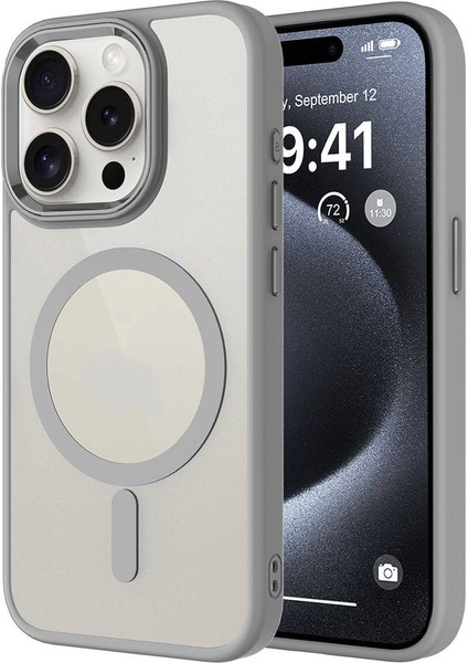 Apple iPhone 15 Pro Kılıf Wireless Şarj Özellikli Zore Krom Magsafe Silikon Kapak-Gri