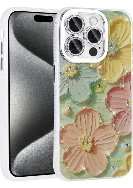 Apple iPhone 15 Pro Max Kılıf Çiçek Desenli Parlak Taşlı Sert Silikon Zore Garden Kapak-Colorful