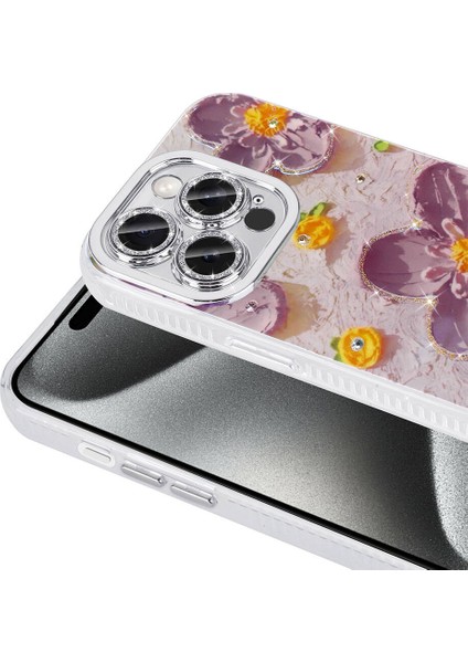 Apple iPhone 15 Pro Max Kılıf Çiçek Desenli Parlak Taşlı Sert Silikon Zore Garden Kapak-Colorful