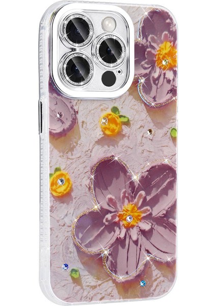 Apple iPhone 15 Pro Max Kılıf Çiçek Desenli Parlak Taşlı Sert Silikon Zore Garden Kapak-Colorful