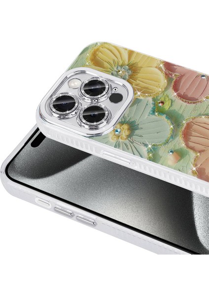 Apple iPhone 15 Pro Max Kılıf Çiçek Desenli Parlak Taşlı Sert Silikon Zore Garden Kapak-Colorful