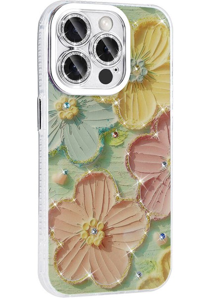 Apple iPhone 15 Pro Max Kılıf Çiçek Desenli Parlak Taşlı Sert Silikon Zore Garden Kapak-Colorful