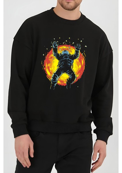 Astronot Uzay Baskılı Siyah Kadın Erkek Pamuklu Sweatshirt Cu19 fiyatları