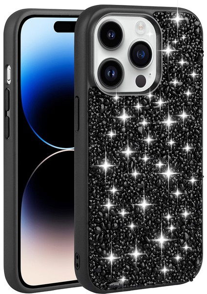 Apple iPhone 14 Pro Uyumlu Parlak Taşlı Tasarım Zore Linea Kapak-Siyah
