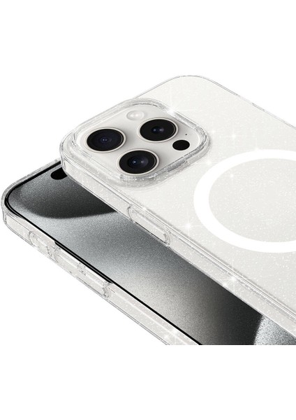 Apple iPhone 15 Pro Kılıf Zore Magsafe Şarj Özellikli Simli Şeffaf Arka Yüzey Erdos Silikon Kapak-Renksiz