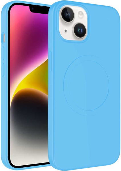 Apple iPhone 14 Plus Kılıf Magsafe Wireless Şarj Özellikli Pastel Renk Silikon Zore Plas Kapak-Mavi Açık