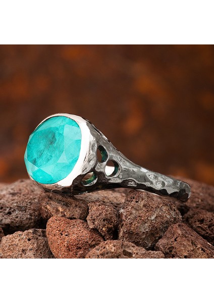 Paraiba Tourmaline Oval Taşlı Delikli Otantik Oksitli Kadın Gümüş Yüzük