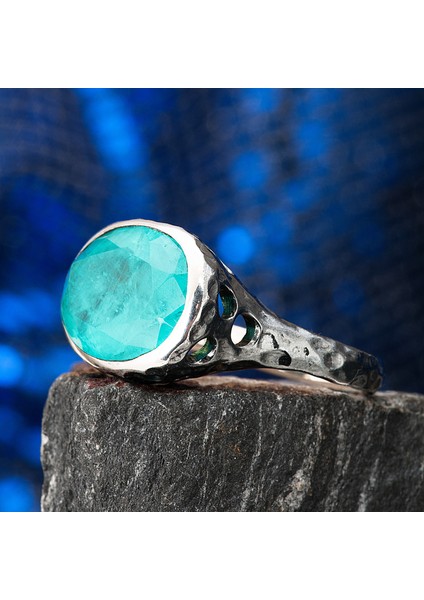 Paraiba Tourmaline Oval Taşlı Delikli Otantik Oksitli Kadın Gümüş Yüzük