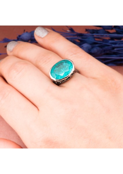 Paraiba Tourmaline Oval Taşlı Delikli Otantik Oksitli Kadın Gümüş Yüzük