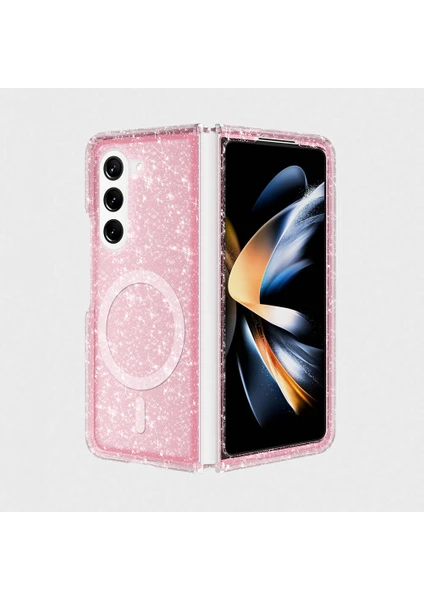 Galaxy Z Fold 6 Kılıf Magsafe Şarj Özellikli Parlayan Simli Saydam Renkli Zore Allstar Kapak-Pembe