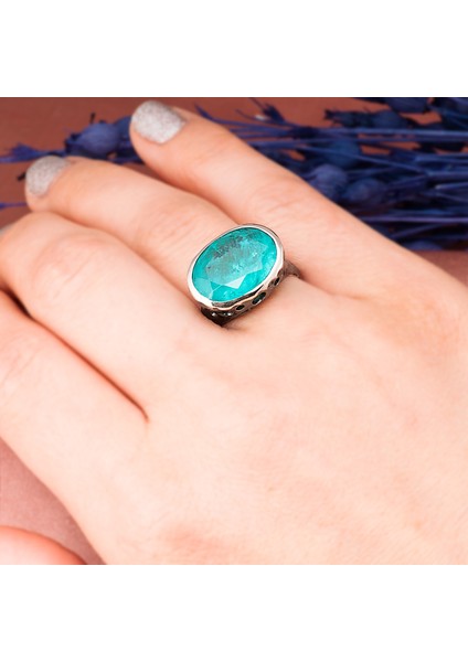 Paraiba Tourmaline Oval Taşlı Delikli Otantik Oksitli Kadın Gümüş Yüzük fırsatları