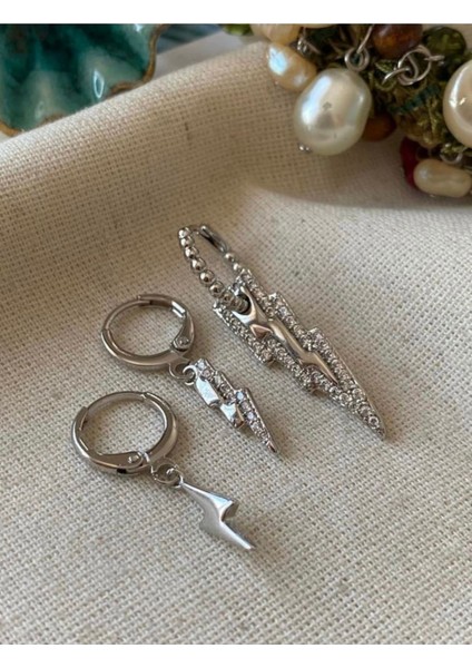 Gümüş 3 Lü Şimşek Set Küpe