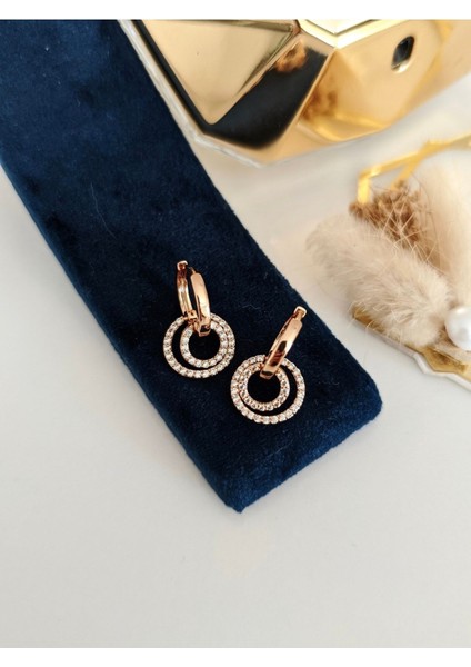 Vip Seri Gold Zirkon Taşlı Iç Içe Halka Küpe